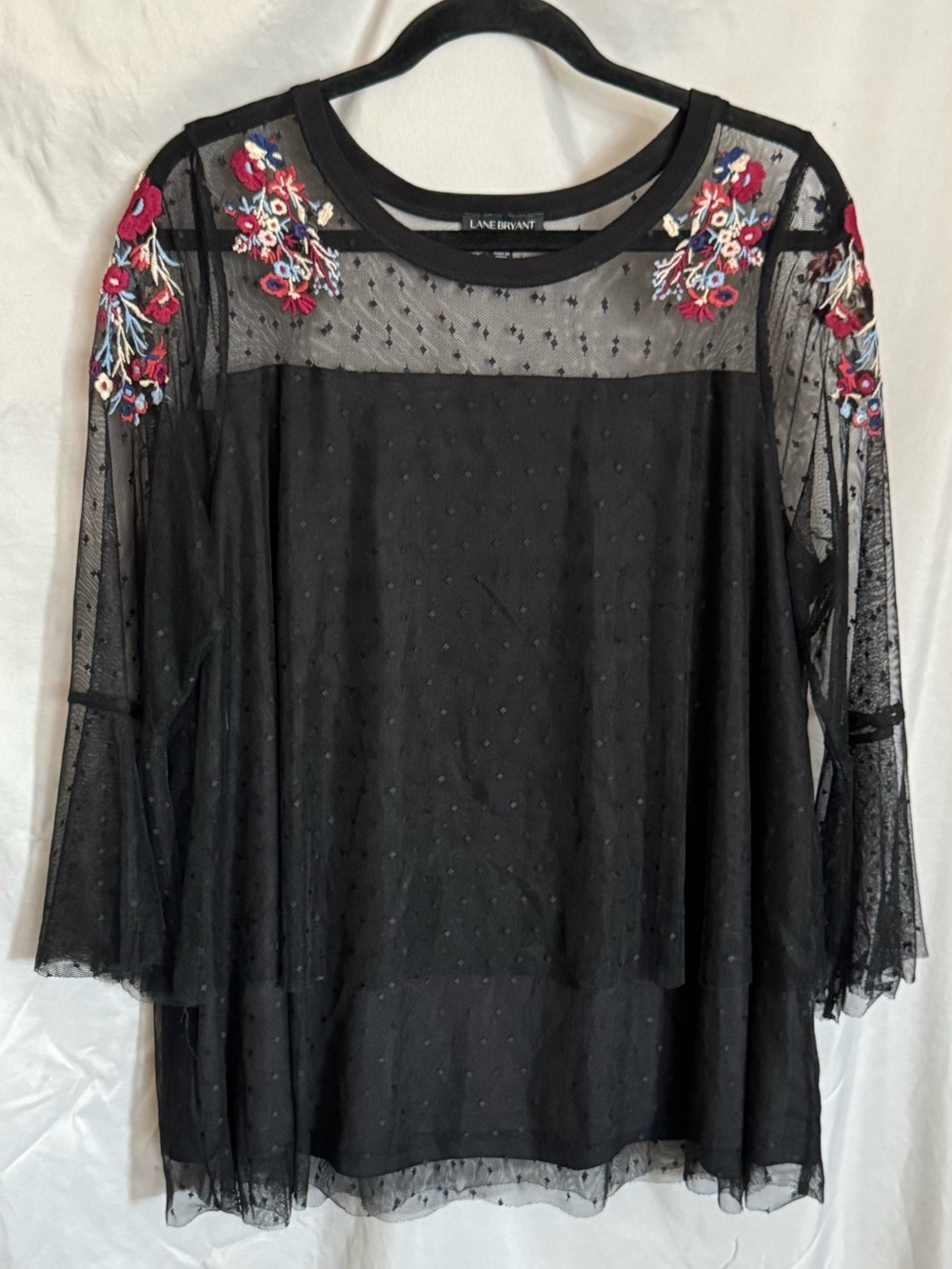 Lane Bryant Black Sheer Tunic with Floral Shoulder Embroidery Size 18/20